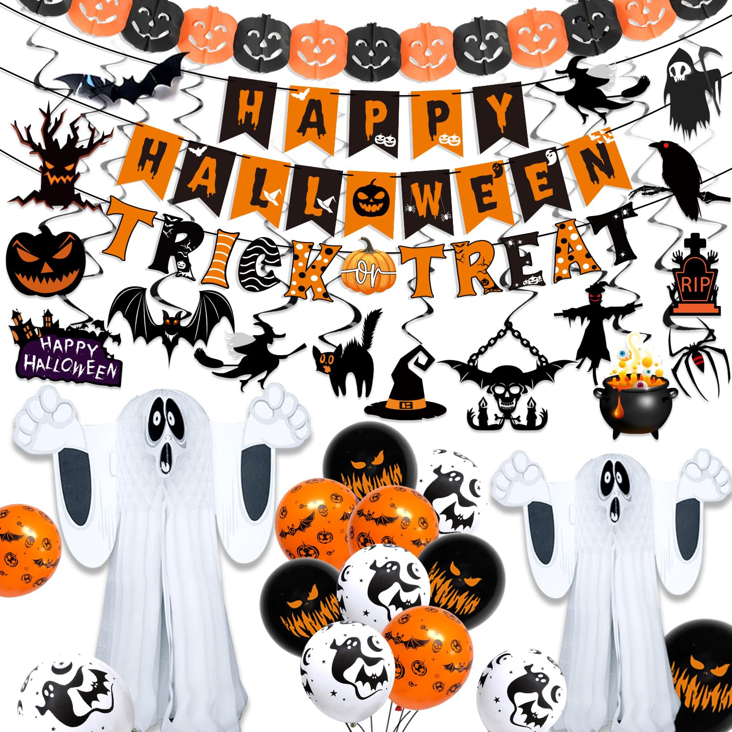 iZoeL Halloween Hanging Ghost Decorations Set – Indoor Outdoor Spooky Décor Bundle with Banners, Paper Chains & Printed Balloons – Haunted House Party Wall & Ceiling Decoration (Not a Toy)