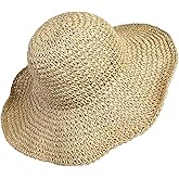 Women Straw Hat Wide Brim Beach Sun Cap Foldable Large Lady Floppy 100% Natural Paper Braided for Travel Decoration Summer Vacation Soft Lightweight and Breathable (Beige)