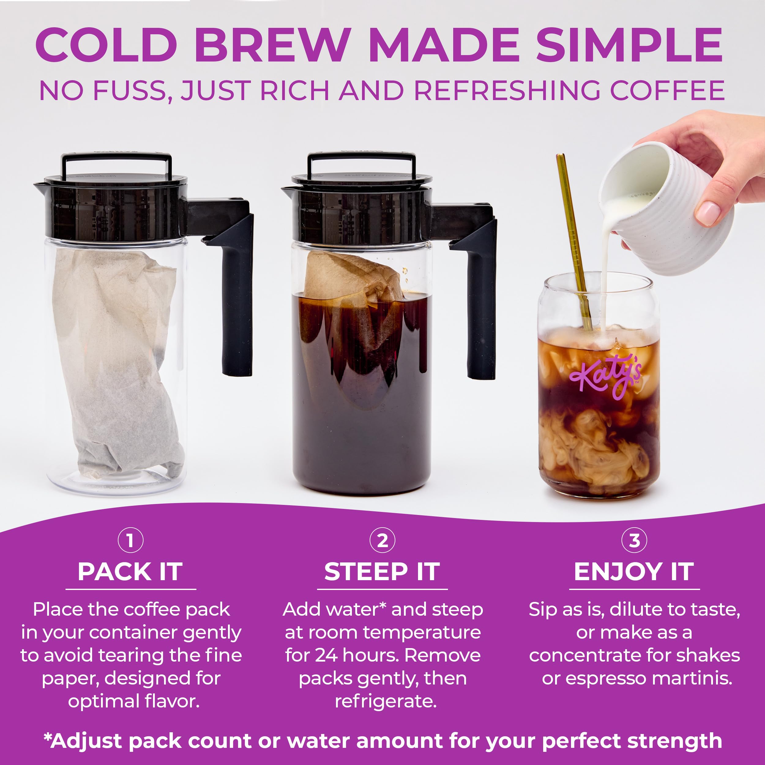 Katy’s Cold Brew Coffee Pitcher Packs | 6 Large Cold Brew Bags with Smooth, Bold Brazilian Coffee | Easy, Mess-Free Brewing in Any Container | No Straining Needed | 100% Woman-Owned | Makes 32 Cups