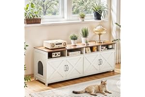 JanflyHome Double Cat Litter Box Enclosure for 2 Cats, 63" Hidden Litter Box Furniture with Outlet Power, Farmhouse Large Litter Box Cabinet TV Stand, 63 x 17.7 x 23.6 in, Antique White
