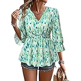 Unixseque 3/4 Length Sleeve Womens Tops Dressy Casual Lace V-Neck Peplum Babydoll Blouses 2025 Fashion Clothing