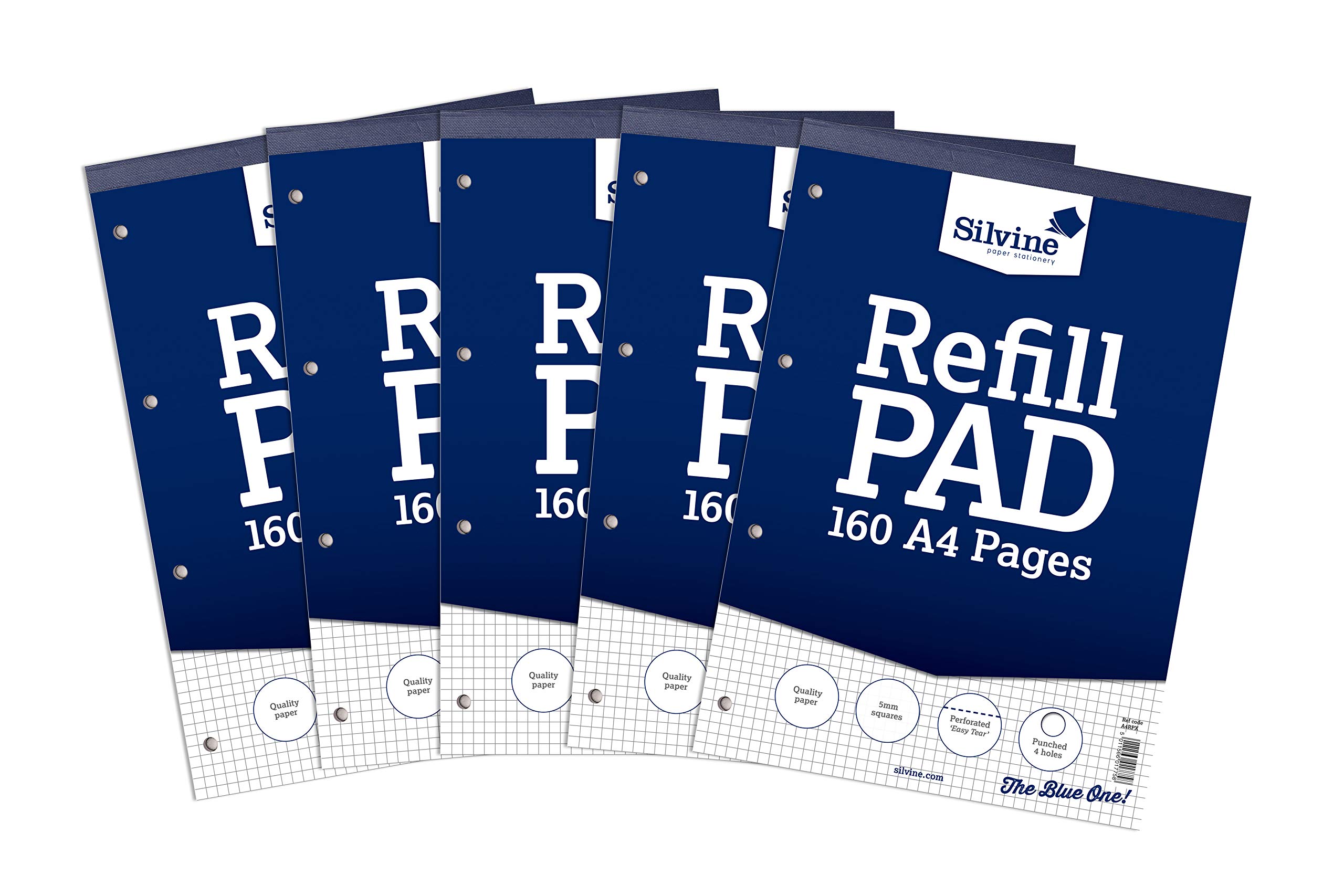 Silvine 160 Page A4 Refill Pad, Head Bound and Punched 4 Holes, White, Ruled 5mm Squares [Pack of 5]