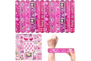 CZWXOXO 74Pcs Pink Theme Party Favors Contain 24 Pcs Slap Bracelets 50Pcs Pink Theme Stickers,Makeup Theme Birthday Party Decorations,Classroom Rewards