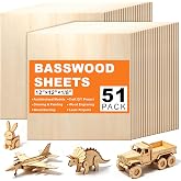 51 Pack 12x12 Inch 3mm Basswood Sheets 1/8 Laser Engraving Blanks | Unfinished basswood for laser cutting,thin engravable wood blanks,ideal for cricut &amp; architecture craft,smooth 1/8inch sheets