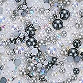 100g Mix Flatback Pearls and Rhinestone, Rhinestones for Crafting,Mixed Size 3mm-10mm AB Color Round Half Pearls Flatback Pearl Beads for DIY Craft Nail Art Shoes Clothes Tumblers(Gray|Silver|White)
