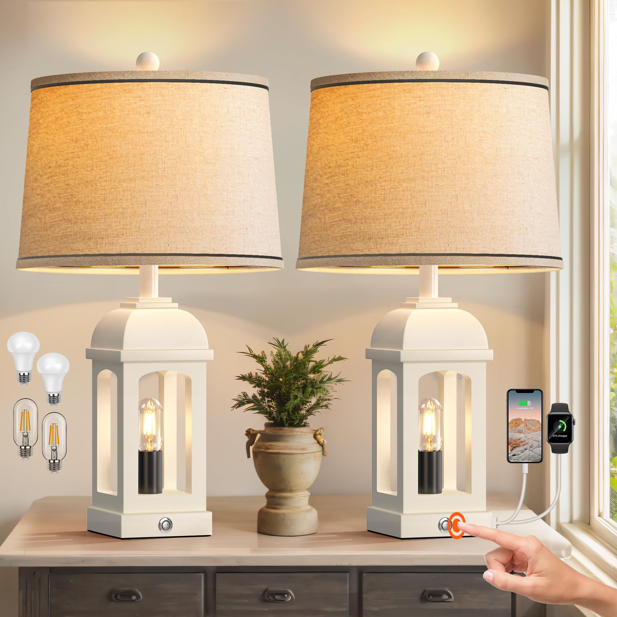 Photo 1 of **Only One** 
QiMH Table Lamp for Living Room, Farmhouse Lamps Set of 2 with USB A+C and Nightlight, 26" Rustic Bedside Lamps with 3-Way Dimmable, Touch Nightstand Lamp for Bedroom, White