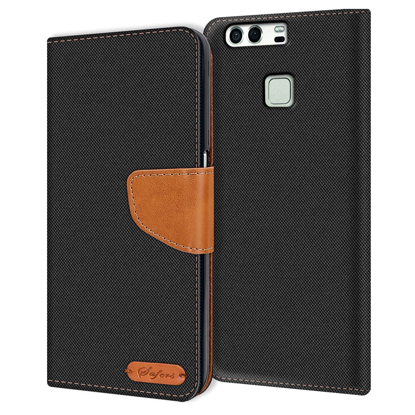 Verco Phone Wallet Case compatible with the Huawei P9, Canvas Faux Leather Book Cover for the P9 Flip Case Bag Hinged - Black