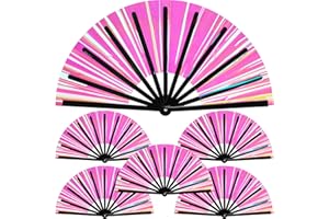 Purpeak 6 Pcs Holographic Rave Fan 13" Festival Fan Large Folding Fan Large Hand Fan Foldable Hand Fan Rave Line Dance Popping Fans for Women Men EDM Music Festivals Halloween Party Dance Club(Pink)