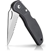 Maxam Lockback 7 (Open) Inch Pocket Knife - Stainless Steel Half Serrated Blade, Textured No-Slip Handle, Carry Clip, Black