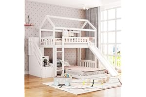Merax House Loft Bunk Bed Frames with Storage and Slide No Box Spring Needed for Teens, Girls or Boys