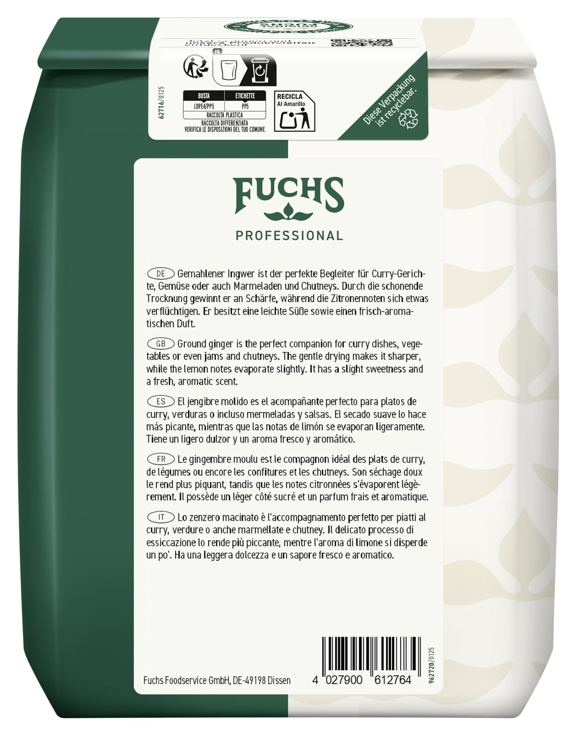 Fuchs Professional - Ingwer gemahlen | Scharfes Gewürz für Curry-Gerichte und Chutneys | Profi-Qualität für Großverbraucher und Gastronomie | 1 kg im recyclebaren Beutel 2