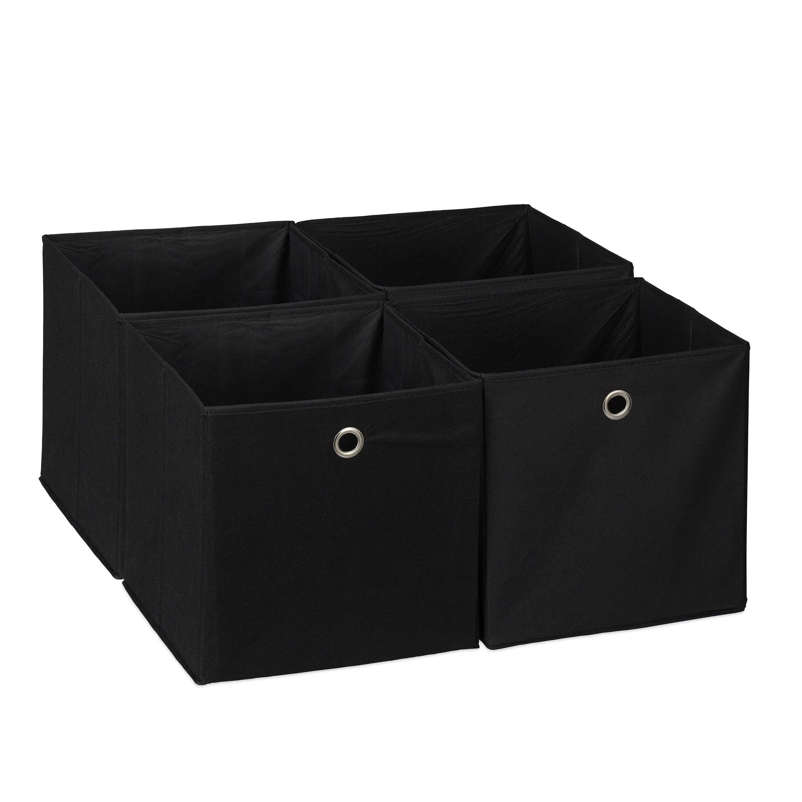 Relaxdays Storage Box Set of 4, Foldable Shelf Baskets, HBD: 30x30x30 cm, Handle Holes, Foldable Organiser Bins, Black