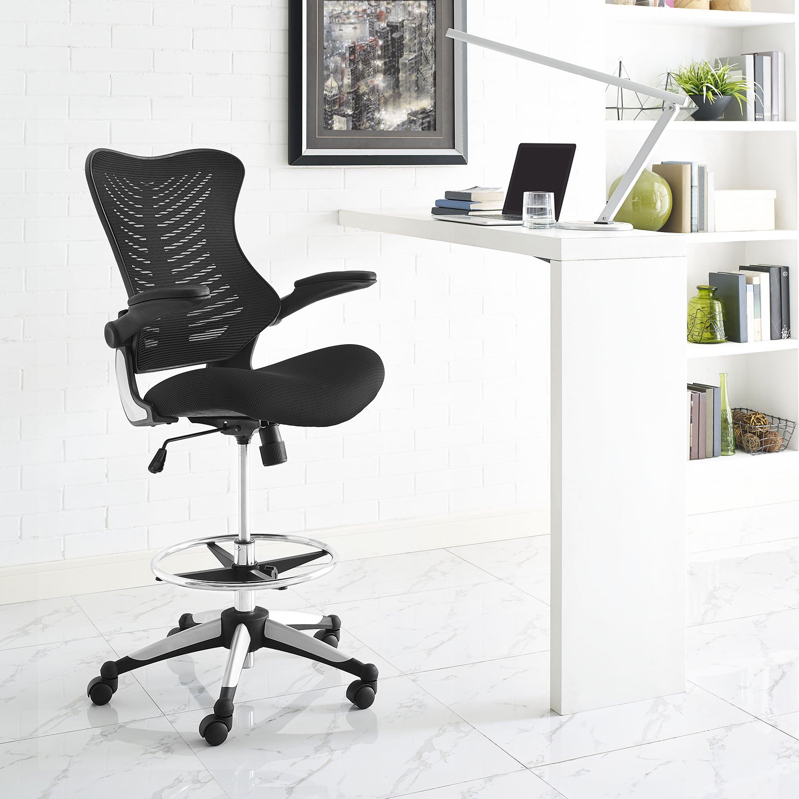 Modway Charge Drafting Chair in Black - Reception Desk Chair - Tall Office Chair for Adjustable Standing Desks - Drafting Table Chair - Flip-Up Arms
