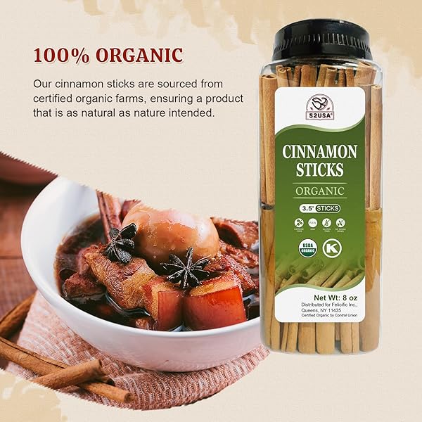52USA ORGANIC CINNAMON STICKS, CINNAMON 8OZ (226G), CINNAMON STICKS WHOLE, 100% RAW, USDA & KOSHER CERTIFIED, GLUTEN FREE, NON-GMO, PURE & FRESH CINNAMON, PERFECT FOR BAKING, COOKING & BEVERAGES