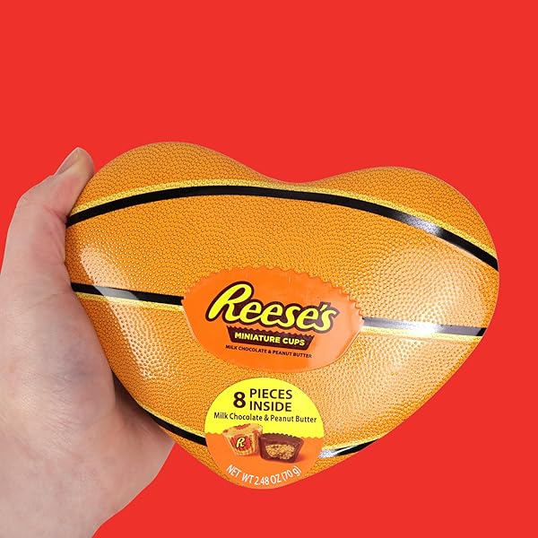 VALENTINE’S HERSHEY’S HEART SHAPED TIN, BASKETBALL THEMED CONTAINER FILLED WITH MINIATURE REESE PEANUT BUTTER CUPS, GIFT BASKET, PART FAVORS, & MORE, 3.7 OUNCES