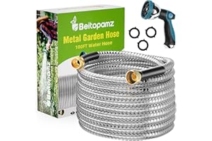 Beitopamz 100 ft Garden Hose, Stainless Steel Metal Water Hose 100 Feet with Nozzle, Flexible, Rust Proof, No-Kink, Heavy Duty, Leakproof 3/4 in Fittings, Lightweight Metal Hose, BT100S Model