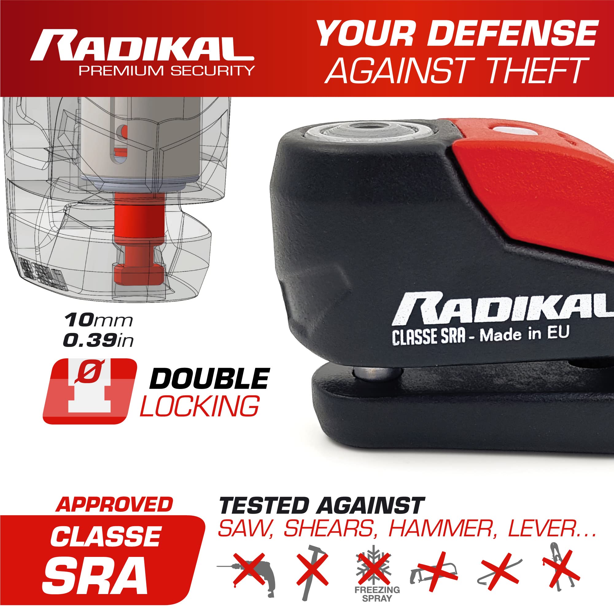 RADIKAL RK10 Premium Motorcycle Alarm Disc Lock 120dB, ON/Off Button Activation Warning LED, SRA Approved, Double Locking 10mm Hardened Steel, High Security Anti Theft Wheel Brake Lock for Motorbike