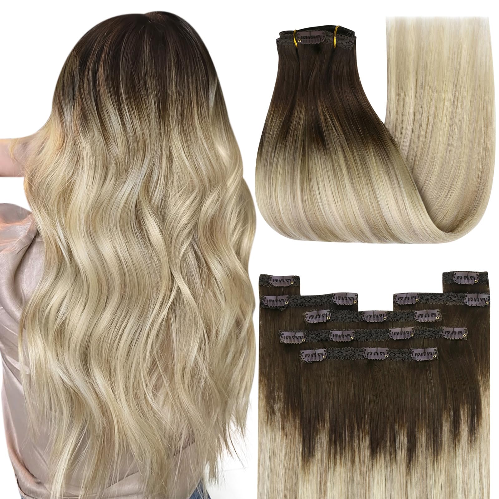 YoungSee Clip in Hair Extensions Real Human Hair 14 inch 120g Invisible Clip in Human Hair Extensions Ombre Dark Brown to Brown with Blonde Balayage Clips in Remy Extensions for Wedding Full Head 7pcs — image 1