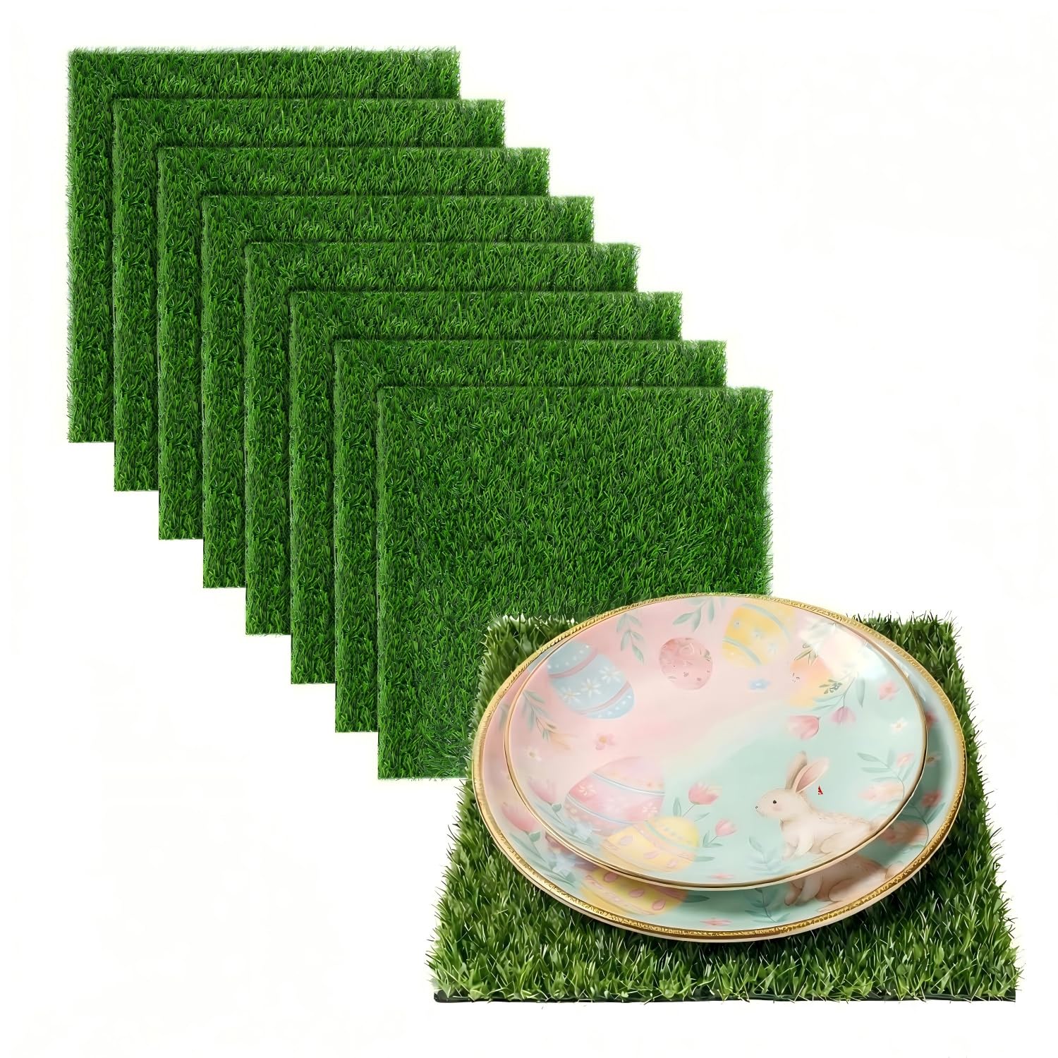 XLX TURF 8 Pack Artificial Grass Square Mats, 12"x12" Fake Grass Placemats to Match Table Runner for Easter, Football Golf Party Table Centerpiece, Modular Turf Patch for DIY Crafts Image