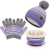 Kids Toddlers Winter Knit Warm Beanie Hat Scarf Gloves Set for Boys Girls Age 2-7, Pompom Cap Neck Warmer Gloves Fleece Lined