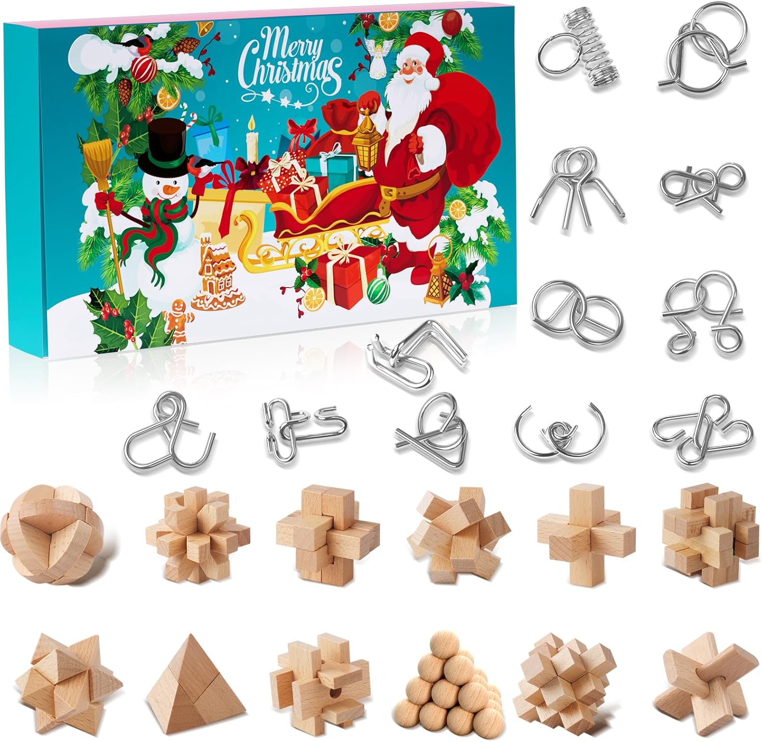 Advent Calendars - Advent Calendar 2023 for Kids - 24 Days of Christmas Countdown Calendar With 3D Metal and Wooden Brain Teaser Puzzle Toys-Mind,IQ,Logic Test and Handheld Disentanglement Games For Boys Girls Teens Adults Challenge