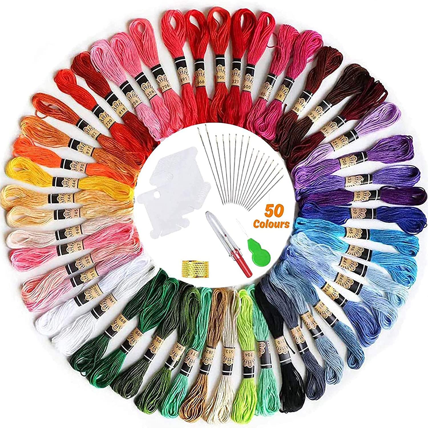 Embroidery Thread, elloLife Random Colors Cotton Embroidery Floss Friendship Bracelets Making Kits with 12 Pieces Bobbins Organizer for Beginners Adults for Knitting Cross Stitch Project (50 Skeins)