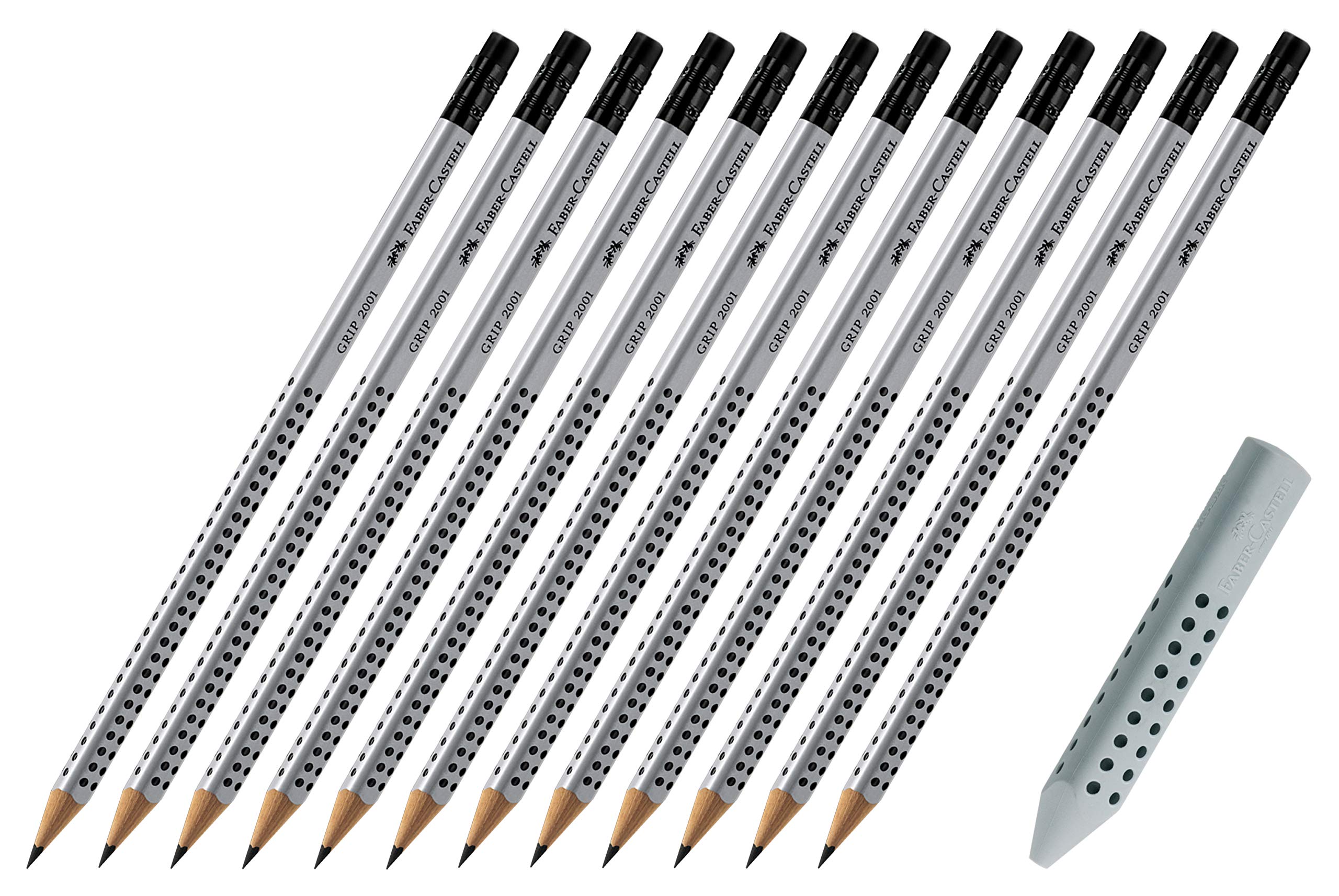 Faber-Castell Grip 2001 HB Pencil with Eraser Tip Pack of 12 & Triangular Eraser Grip 2001, Grey