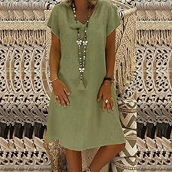 Women's Summer Cotton Linen Dress Loose V-Neck