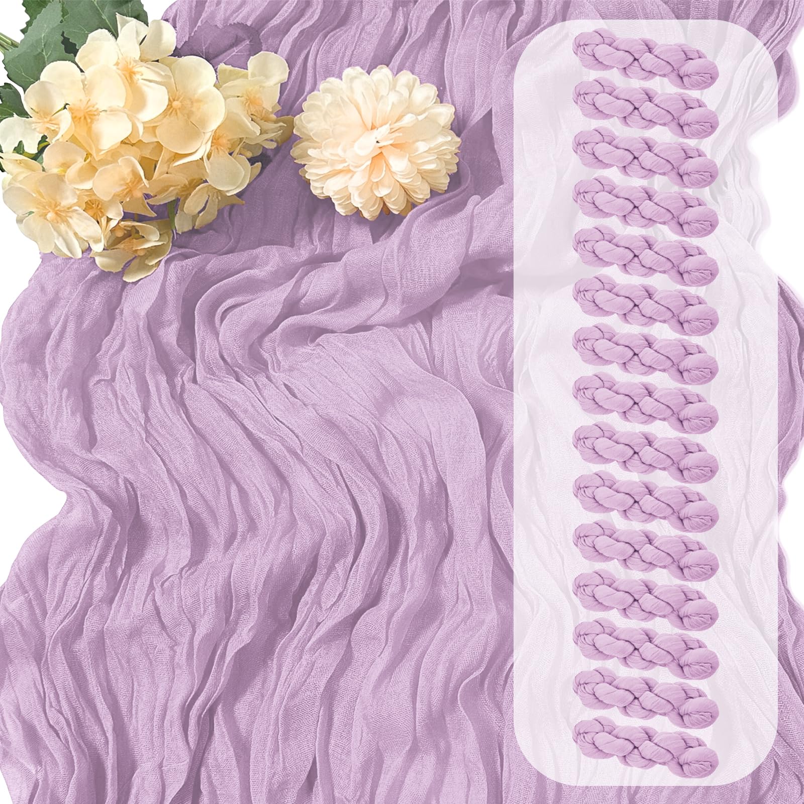 Photo 1 of 15 Pack Lavender Cheesecloth Table Runner 17 x 108 inch Cheese Cloth Table Runners 9ft Lavender Table Runner Rustic Romantic Sheer Gauze Runner for Wedding Party Baby Shower Table Decoration