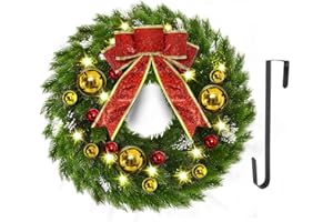 YoleShy 17 Inch Pre-lit Christmas Wreath with Hanger & Bow & Bells Battery Operated Christmas Wreath Christmas Decorations for Window, Front Door, Wall Decor, Fireplace