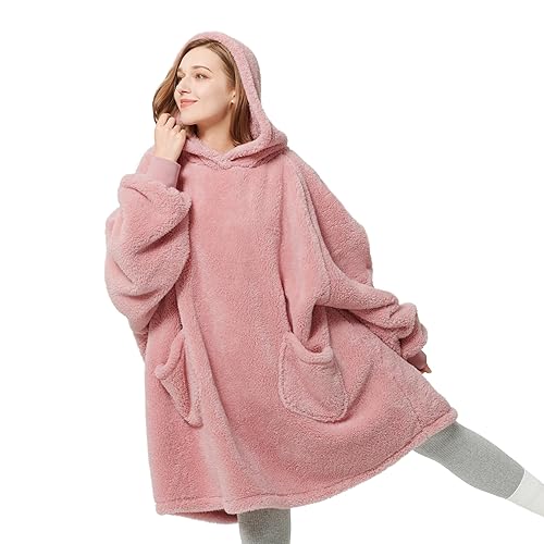 Bedsure Wearable Blanket Hoodie Women - Fluffy Fleece Hoodie Blanket for Adults Men, Warm Hooded Blanket as Gifts for Her, Pink, L