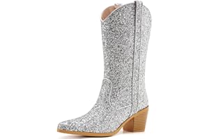 Aizhenzm White Cowboy Boots Wide Calf Cowgirl boots- Western Style Embroidered Knee High Cowboy Boots with Pointed Toe Chunky Heel Fashion Retro High Boot Pull-On