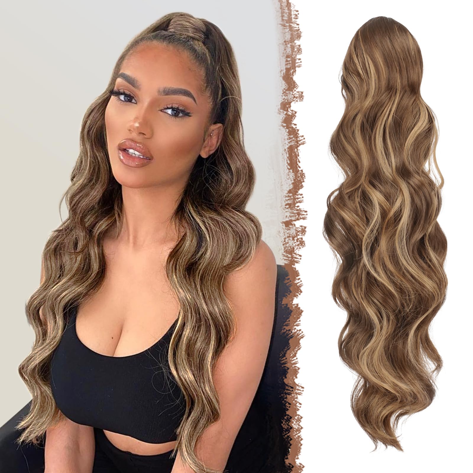 FESHFEN Long Ponytail Extension Curly Wavy Clip in Synthetic Hairpieces Drawstring Ponytail Honey Blonde Mixed Light Brown Pony Tail Hairpiece Hair Pony Extension for Women Girls, 24 inch