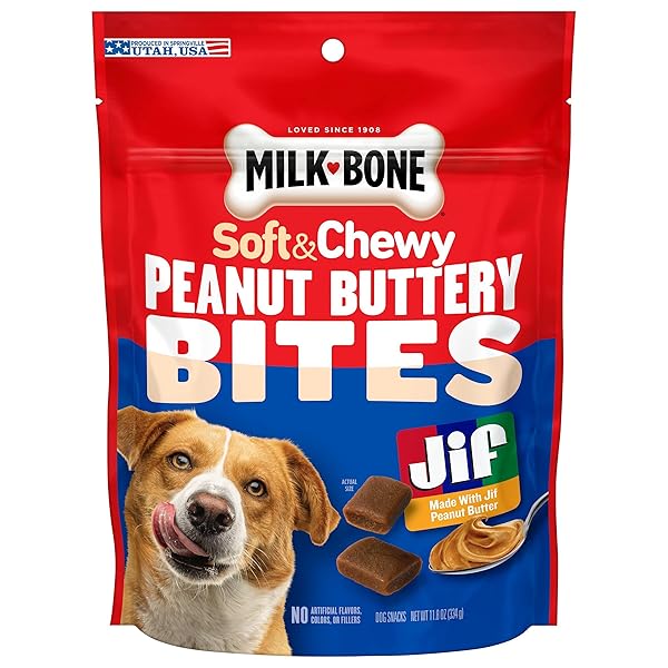 MILK-BONE PEANUT BUTTERY BITES SOFT DOG TREATS WITH JIF PEANUT BUTTER, 11.8 OUNCE BAG