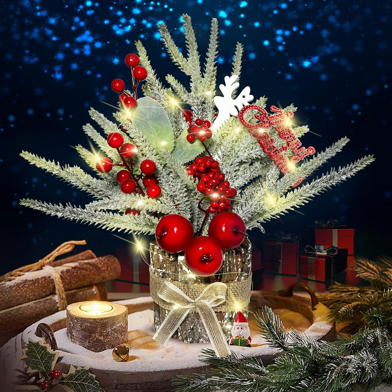 Trees - ENJOIN Newest Artificial Mini Christmas Trees Prelit- Indoor Christmas Decorations with Lights, Small Xmas Trees Include Apple/Berry/Pinecone, Tabletop Christmas Decor, for Home/Room/Mantel/Gift
