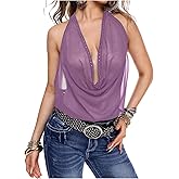 MakeMeChic Women's Going Out Cowl Neck Tops Rave Open Back Backless Top Sheer Mesh Halter Top