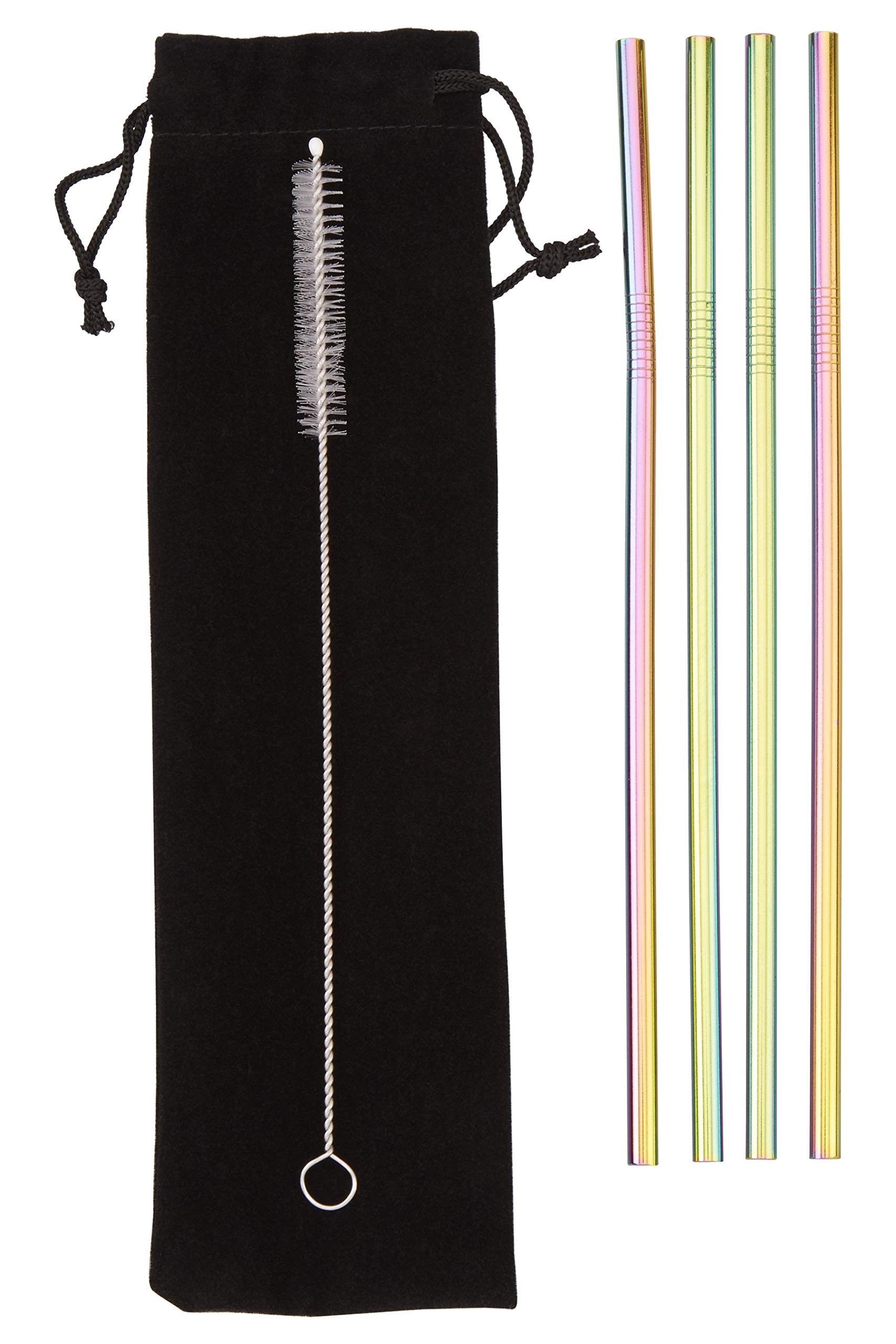 Premier Housewares Set of 4 Oil Slick Metal Straws | Reusable Straws with Cleaning Brush and Velvet Pouch | Drinking Straws for Hot & Cold Liquids | Stainless Steel Straws