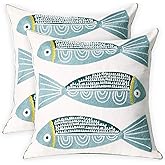 UnionKK 2 PCS Embroidered Throw Pillow Cover Cotton Decorative Square Cushion Cases for Home Sofa Bed and Chair 18 x 18 Inch (Blue Fish-2)