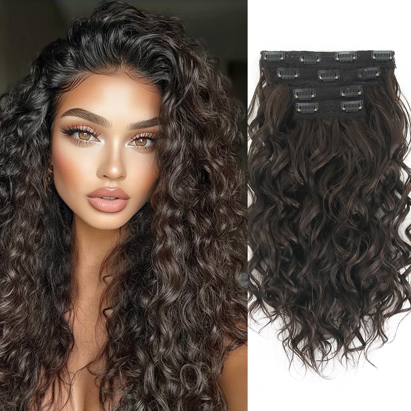 Photo 1 of Clip in Hair Extensions,LEOSA 4PCS 16 inch Curly Hair Extensions Short Soft Natural Hairpiece Lace Weft Curly Wave Clip Ins Extensions Invisible for Women,Natura Black Brown
