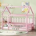 Twin Size House Bed Frame for Kids,Wooden Montessori Floor Bed with Fence and Roof,Floor Bed Frame Twin Size, Twin Bed Frame for Girls,Boys(Twin,Pink)