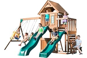Swing-N-Slide WS 8353 Knightsbridge Deluxe Wooden Swing Set with Two Slides, Climbing Wall, Swings, Glider & Picnic Table, Wood