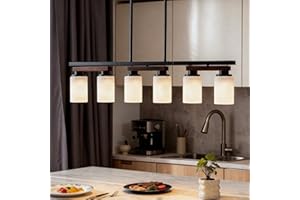 GHCKER 6-Light Kitchen Island Lighting & Farmhouse Dining Room Light Fixtures Over Table, Adjustable Rustic Ceiling Hanging Pendant Linear Chandelier - Rotating Design, Customizable Shapes, Milk Glass