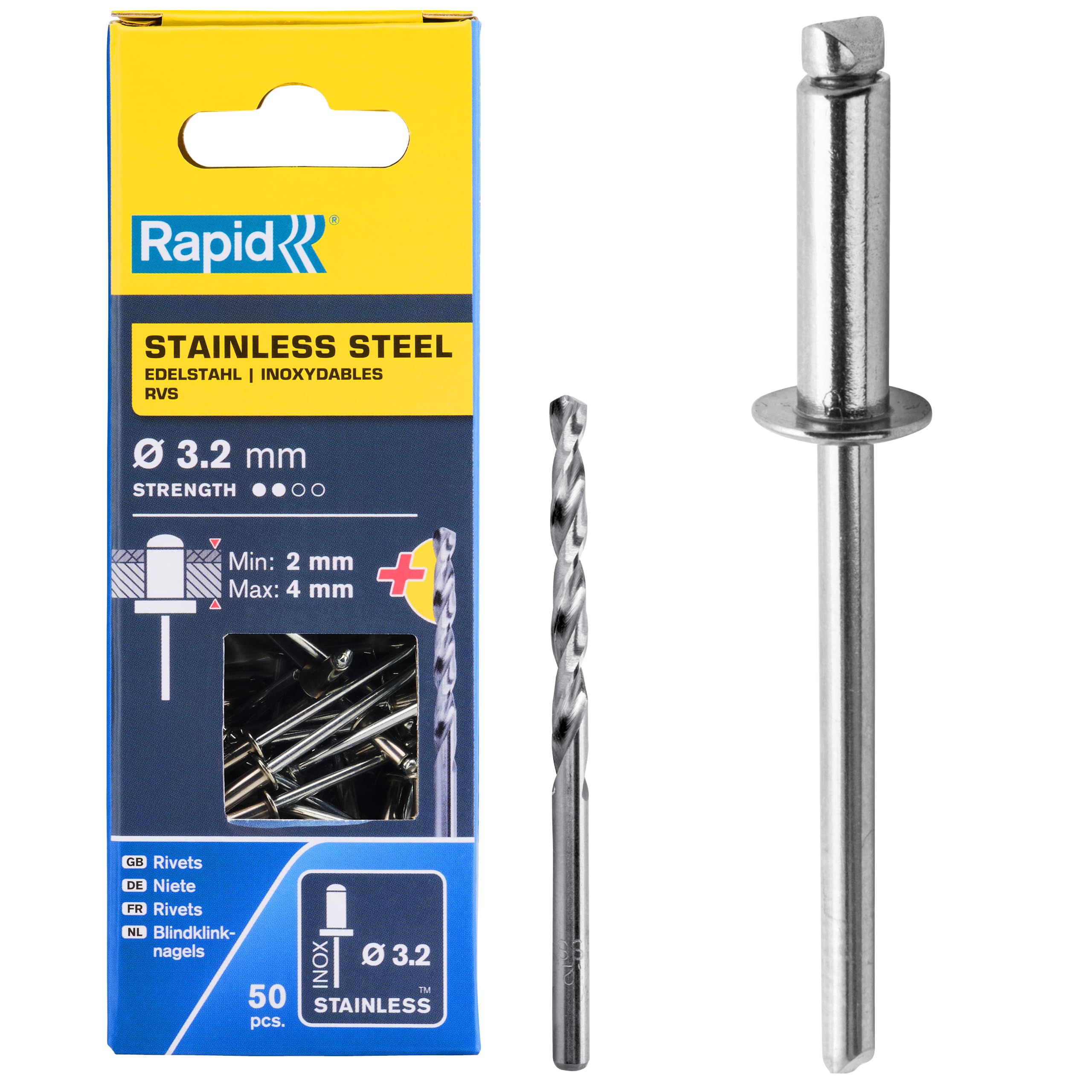 Rapid Rivets Stainless Steel Including Drill Bit, 3.2 x 8 mm, 5000393 - 50 Pieces