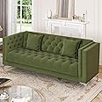 HIFIT 79" W Green Velvet Sofa Couch with 2 Pillows, 3 Seater Couches for Living Room, Handmade Button Tufted Cushions and Metal Legs, Modern Sofa for Apartment, Office