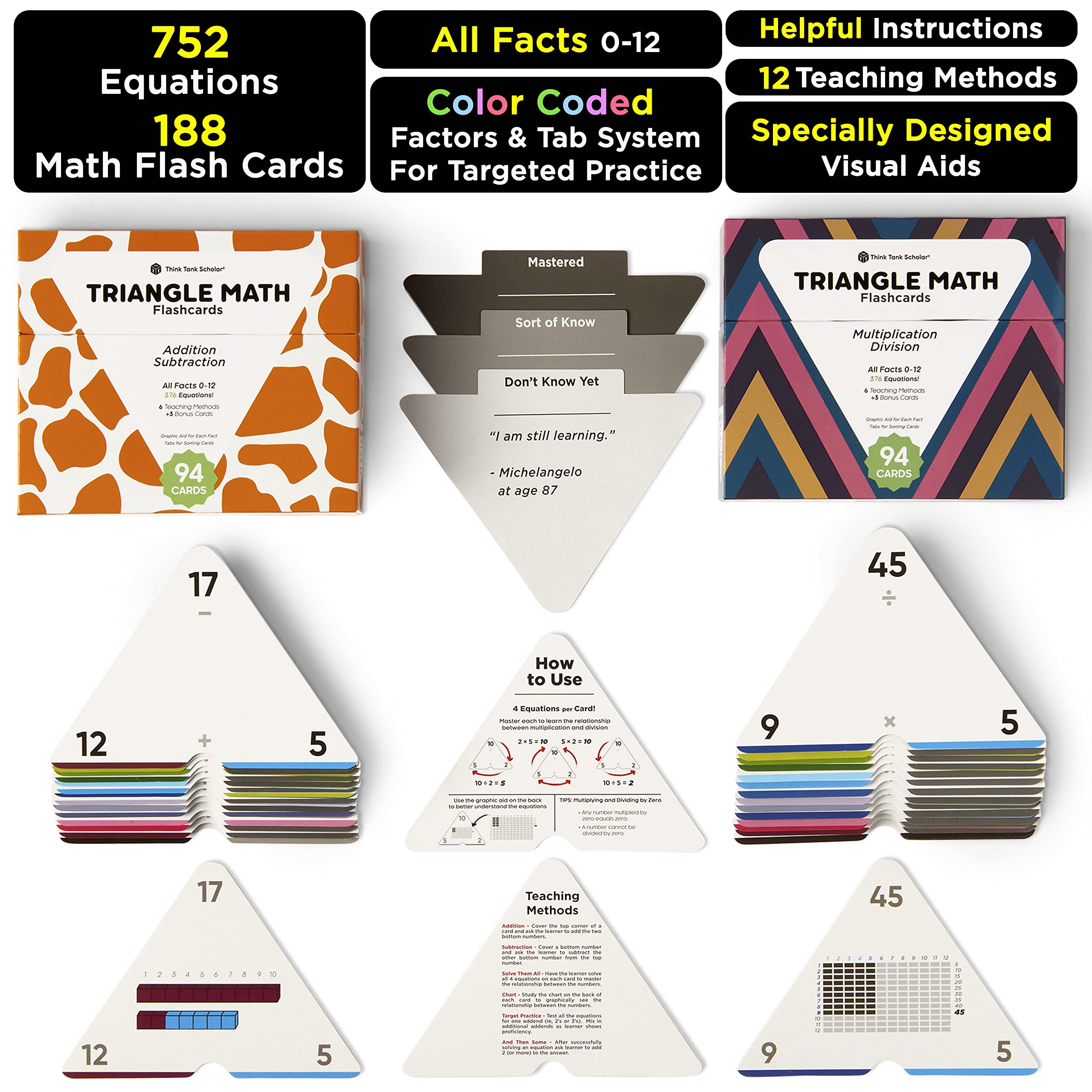 Think Tank Scholar Triangle Math 752 Equations, All Facts 0-12 Box Set Addition, Subtraction, Multiplication, Division Flash Cards: Kindergarten, 1ST, 2ND, 3RD, 4TH, 5TH, 6TH Grade - Has Three Corners