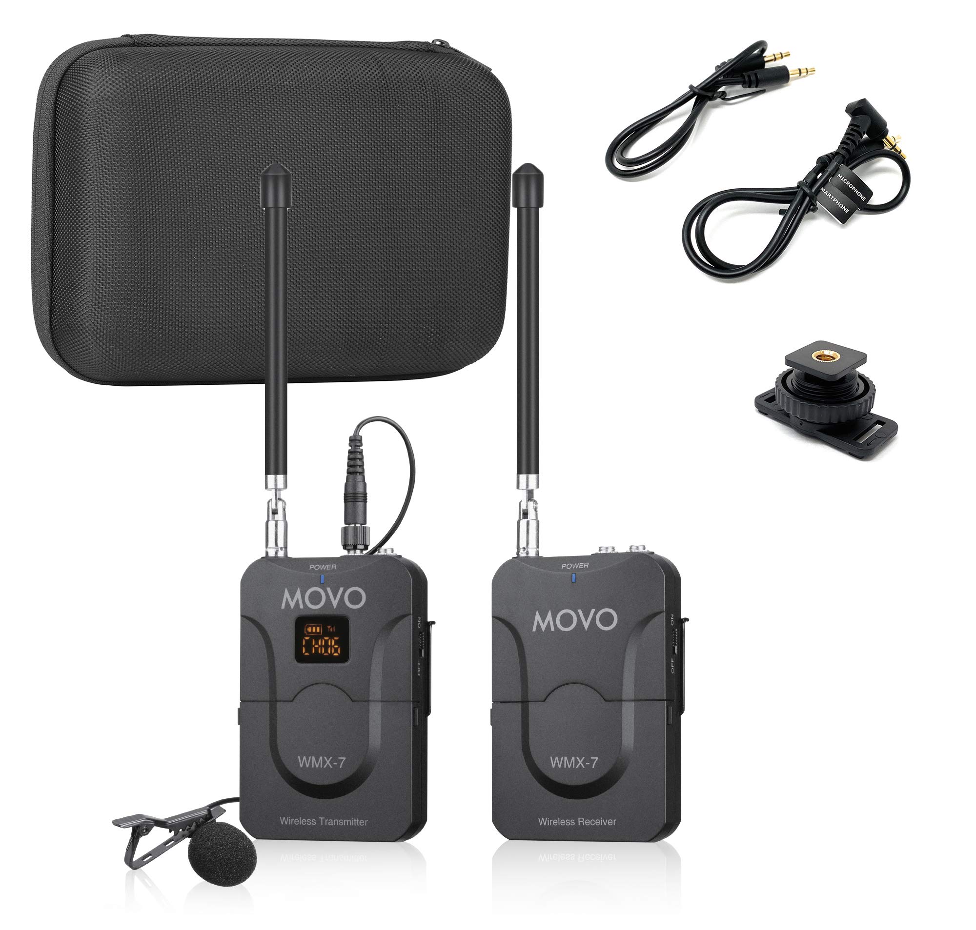 Movo WMX-7 VHF 12-Channel Wireless Lavalier Microphone System with 1 Receiver, 1 Transmitter, and 1 Lapel Microphone Compatible with DSLRs, iPhone/Android Smartphones, and Tablets (40m Audio Range)