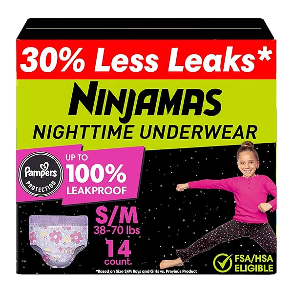 NINJAMAS GIRLS BEDWETTING NIGHTTIME UNDERWEAR – SIZE S/M (38-70 LBS), 14 COUNT, OVERNIGHT PROTECTION, ULTRA ABSORBENT, HYPOALLERGENIC