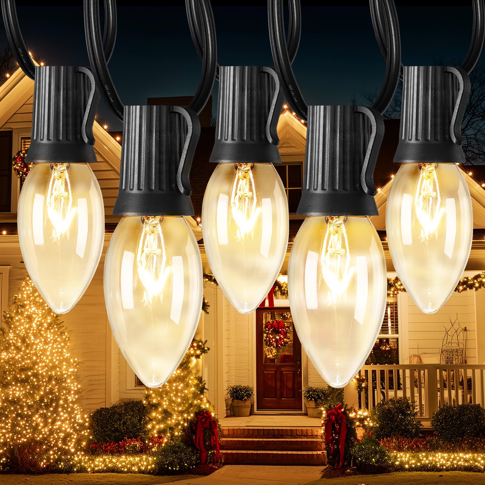 Photo 1 of C9 Christmas String Lights Outdoor 100ft Vintage Christmas Tree Lights for Indoor Outdoor Roofline Patio Room Holiday Party Backyard Xmas Decoration, Black Wire, 100+4 Bulbs, Not Connectable