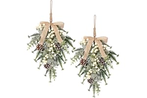 SY Super Bang 2PCS Christmas Decorations, 19Inch Artificial White Berry Front Door/Fireplace Hanging Decorations Include Linen Bow Green Plant, for Home Holiday Wall Party Xmas Decor.