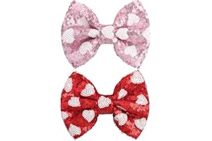 Lanmerry Valentine's Day 5 Inch Glitter Hair Bows Clips Large Sequins Bow Hair Clips Red Pink Love Heart Hair Barrettes Hair Accessories for Girls Children Kids 2Pcs